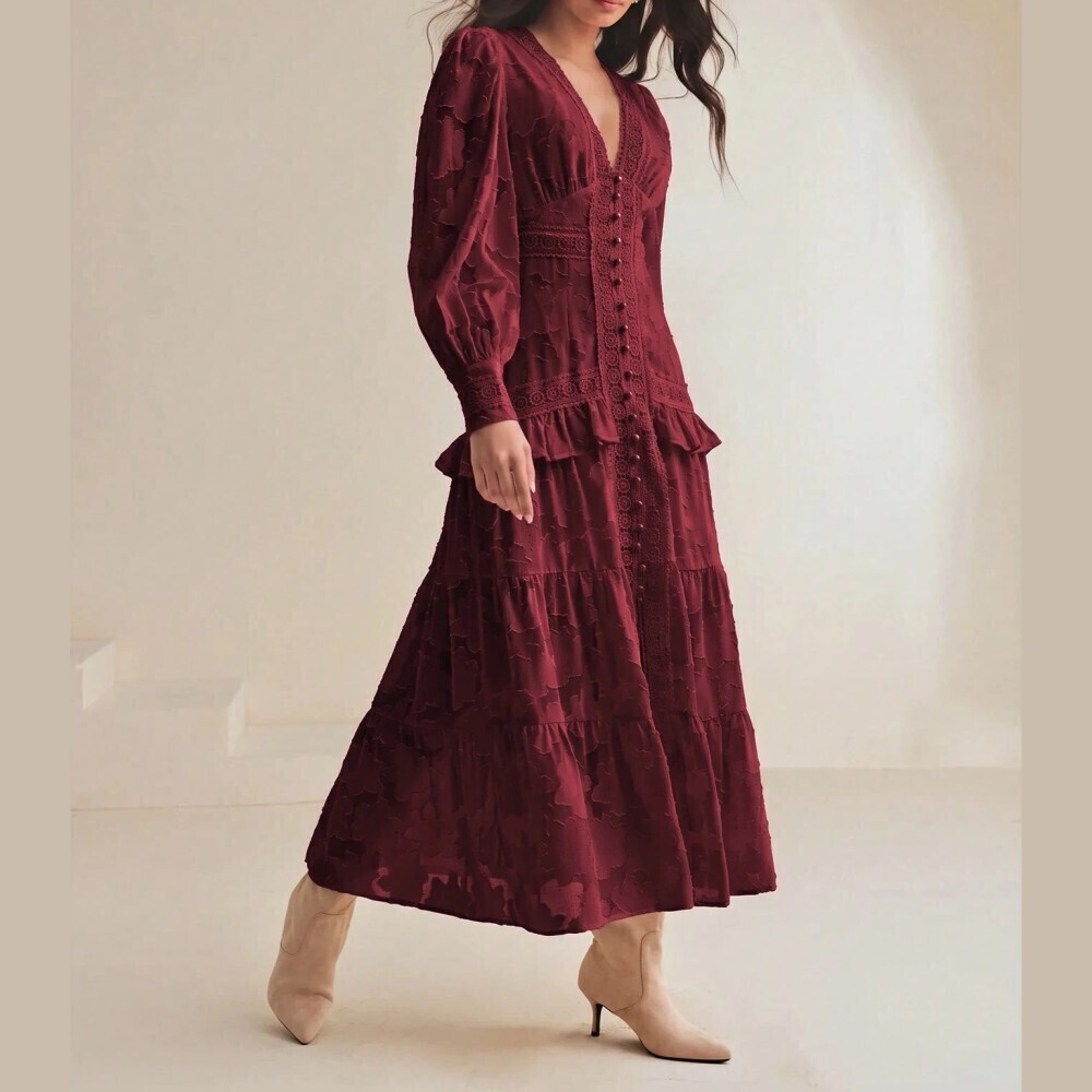 Burgundy Jacquard Lace Trim Button Front Tiered Maxi Dress